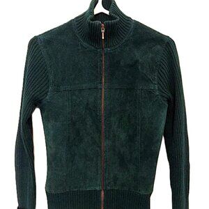 Vintage 90s Sweater Leather Jacket Green Knit and Suede Size Small